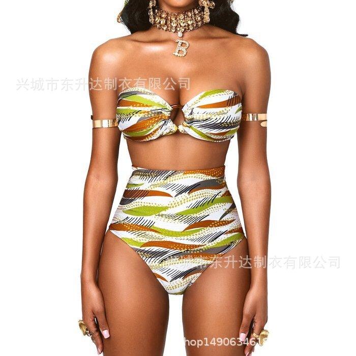 Dongshengda Clothing 2022 European and American Sexy Sexy Split High Waist Tube Top Bikini Swimsuit Female Totem National Style - ItemBear.com