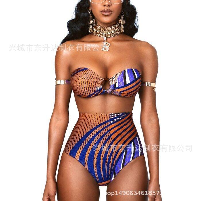 Dongshengda Clothing 2022 European and American Sexy Sexy Split High Waist Tube Top Bikini Swimsuit Female Totem National Style - ItemBear.com