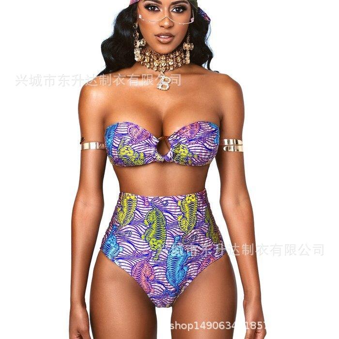 Dongshengda Clothing 2022 European and American Sexy Sexy Split High Waist Tube Top Bikini Swimsuit Female Totem National Style - ItemBear.com