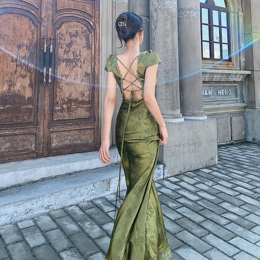 Elegant Green V-Neck Satin Jacquard Dress Women&#39;s Backless Sexy Maxi Dress Summer Ladies Robe Vintage Vestidos Female Clothing - ItemBear.com