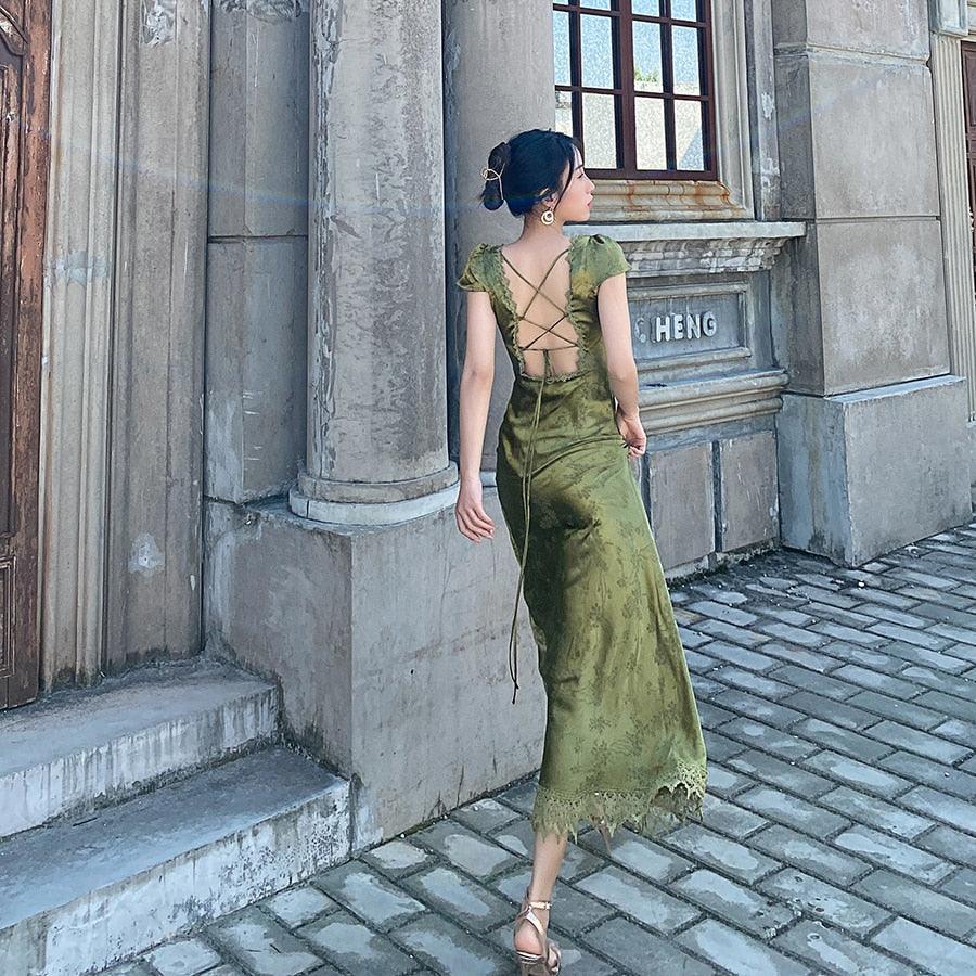 Elegant Green V-Neck Satin Jacquard Dress Women&#39;s Backless Sexy Maxi Dress Summer Ladies Robe Vintage Vestidos Female Clothing - ItemBear.com