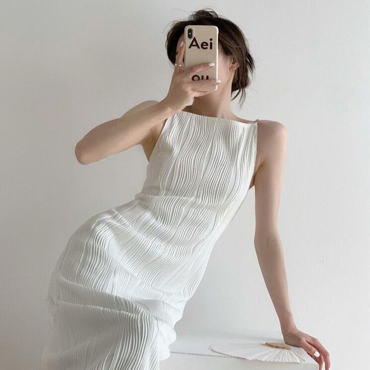 Elegant White Folds Midi Dress - ItemBear.com