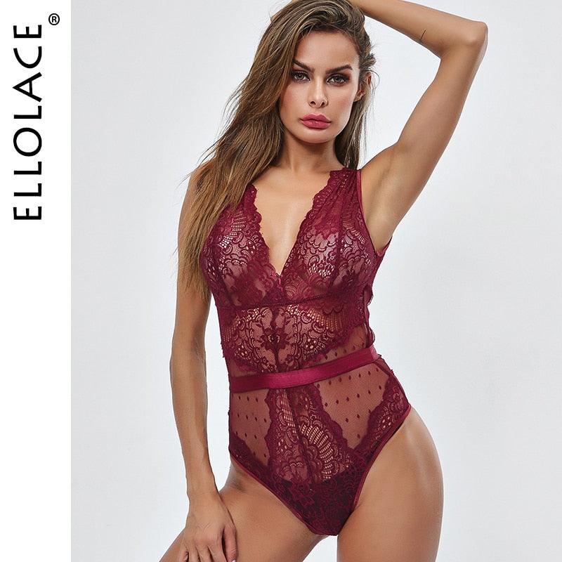 Ellolace Summer Lace Bodysuit Women Embroidery Transparent Deep V Neck Sexy Bodys Dot Bodycon Mesh Top Sleeveless Femlae Body - ItemBear.com