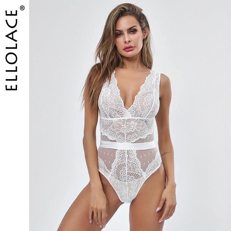 Ellolace Summer Lace Bodysuit Women Embroidery Transparent Deep V Neck Sexy Bodys Dot Bodycon Mesh Top Sleeveless Femlae Body - ItemBear.com