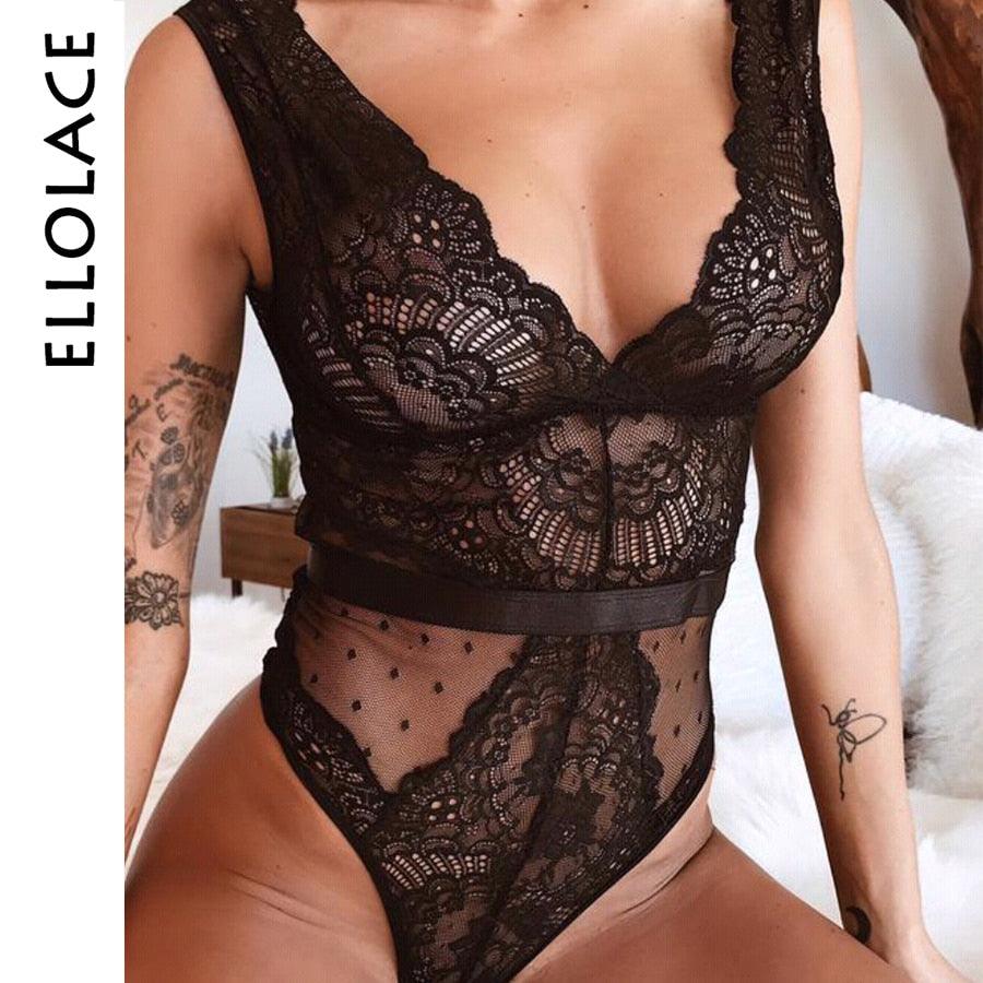 Ellolace Summer Lace Bodysuit Women Embroidery Transparent Deep V Neck Sexy Bodys Dot Bodycon Mesh Top Sleeveless Femlae Body - ItemBear.com