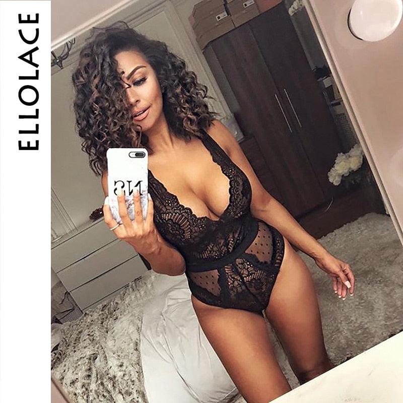 Ellolace Summer Lace Bodysuit Women Embroidery Transparent Deep V Neck Sexy Bodys Dot Bodycon Mesh Top Sleeveless Femlae Body - ItemBear.com