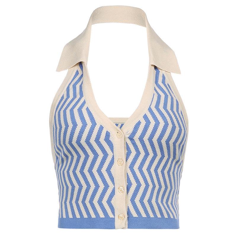 eu street shooting women's clothing stitching contrast color water ripples deep v halter vest all-match vacation American hot girl short top - ItemBear.com