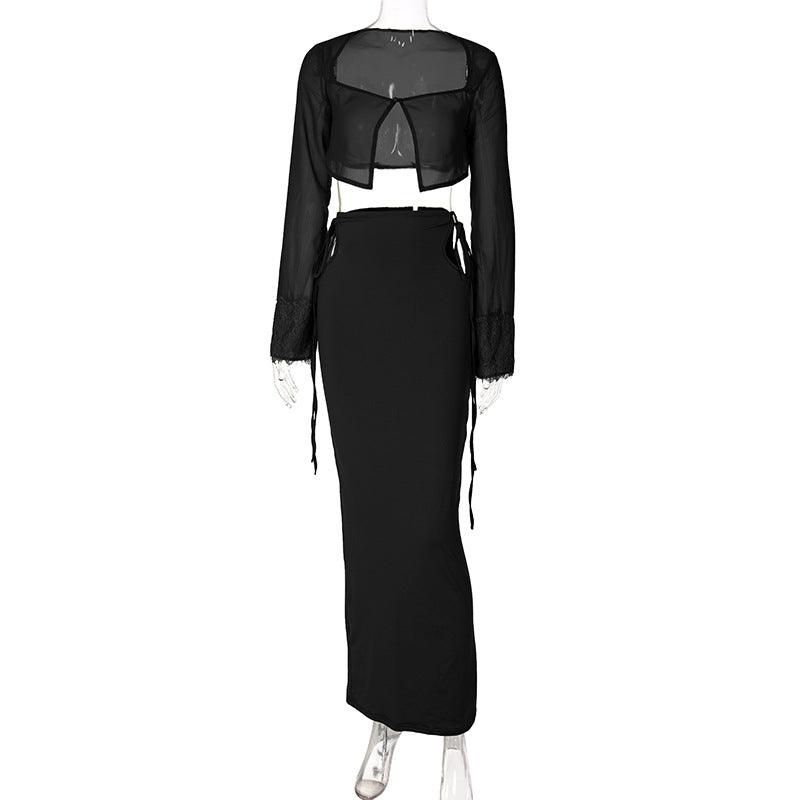 Europe and the United States 2021 winter hot products new long-sleeved T-shirt cardigan hollow tie half-length skirt suit foreign trade women's clothing - ItemBear.com