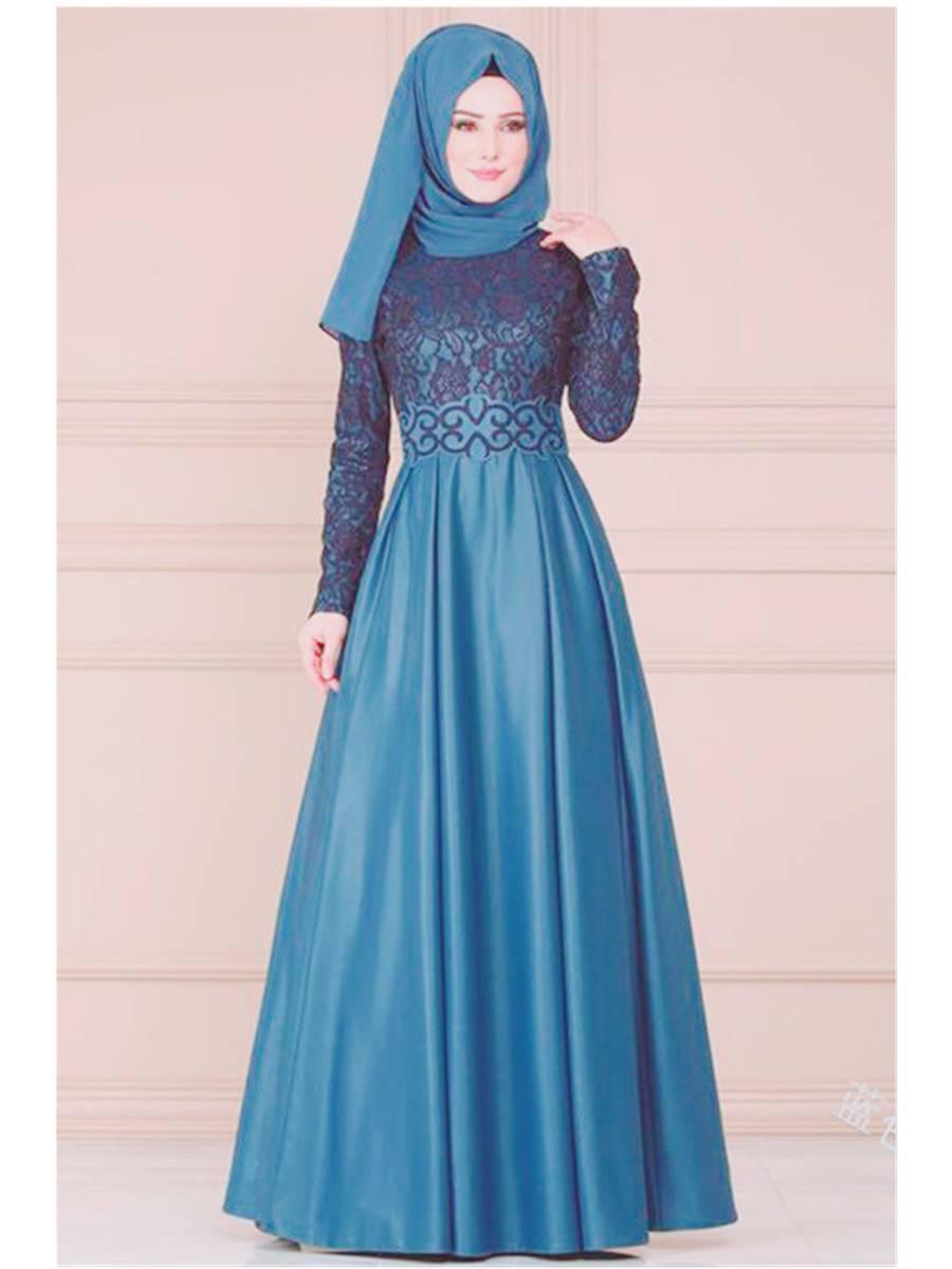 Factory direct supply European and American lace stitching retro big swing skirt Muslim ethnic style long-sleeved slim dress 1025 - ItemBear.com