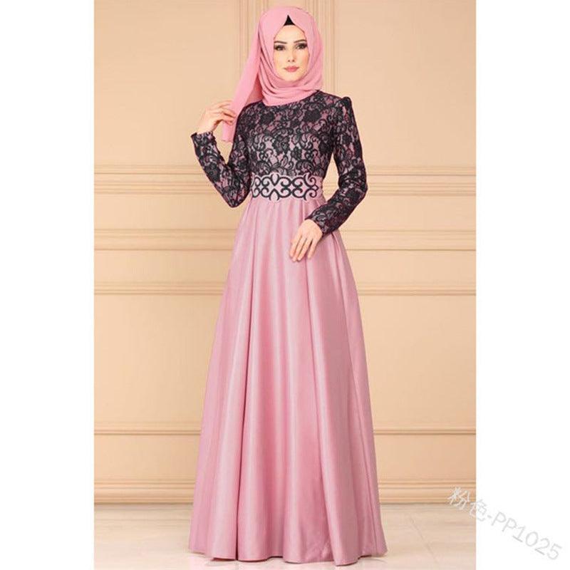 Factory direct supply European and American lace stitching retro big swing skirt Muslim ethnic style long-sleeved slim dress 1025 - ItemBear.com