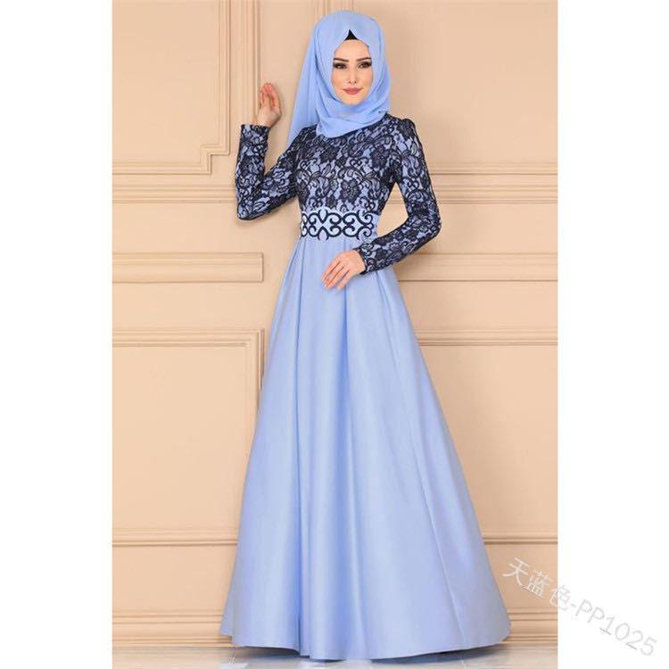 Factory direct supply European and American lace stitching retro big swing skirt Muslim ethnic style long-sleeved slim dress 1025 - ItemBear.com