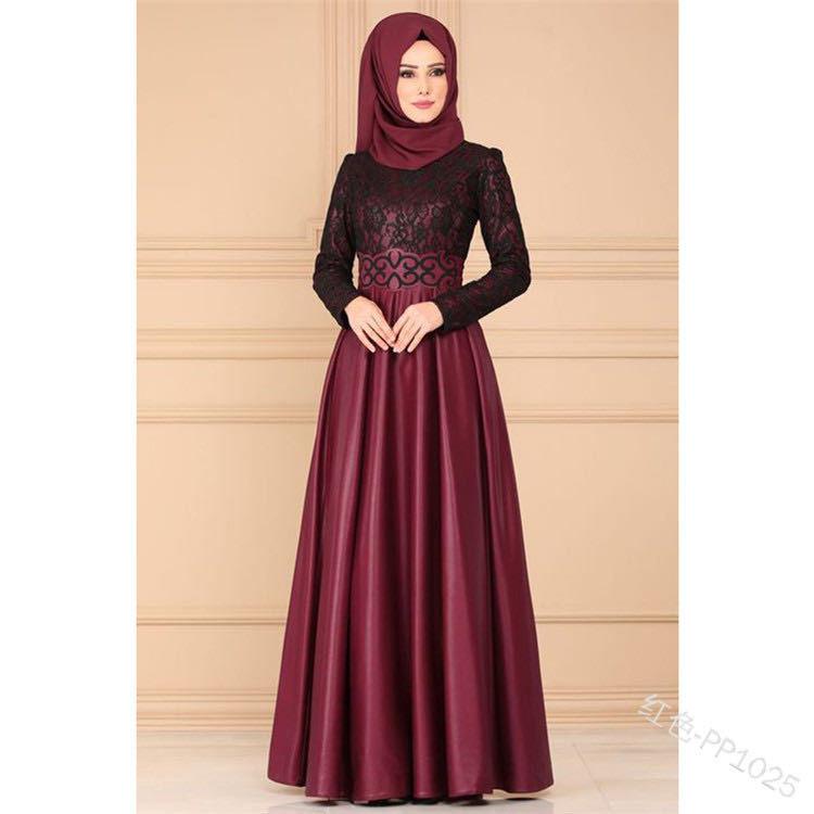 Factory direct supply European and American lace stitching retro big swing skirt Muslim ethnic style long-sleeved slim dress 1025 - ItemBear.com