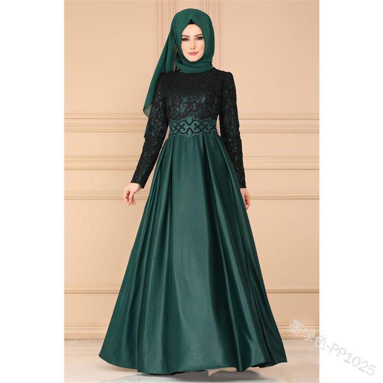 Factory direct supply European and American lace stitching retro big swing skirt Muslim ethnic style long-sleeved slim dress 1025 - ItemBear.com