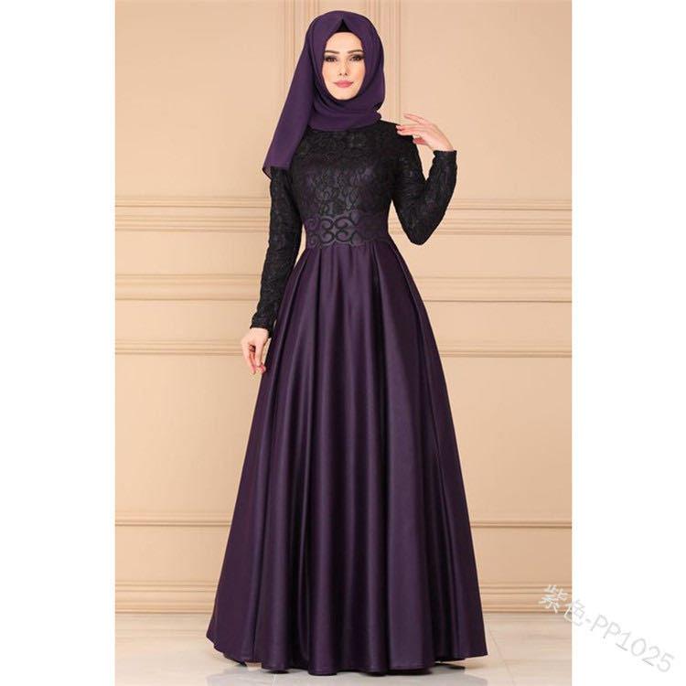 Factory direct supply European and American lace stitching retro big swing skirt Muslim ethnic style long-sleeved slim dress 1025 - ItemBear.com