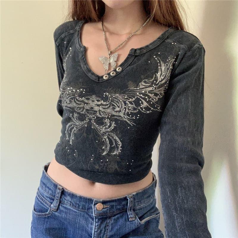 Fairy Grunge Graphic Long Sleeve V-Neck Tee - ItemBear.com