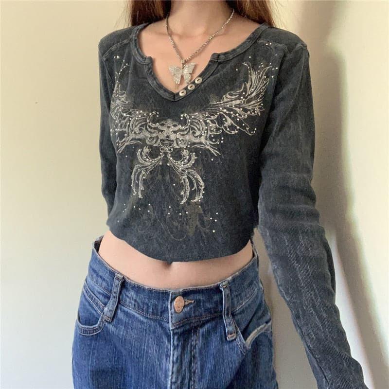 Fairy Grunge Graphic Long Sleeve V-Neck Tee - ItemBear.com