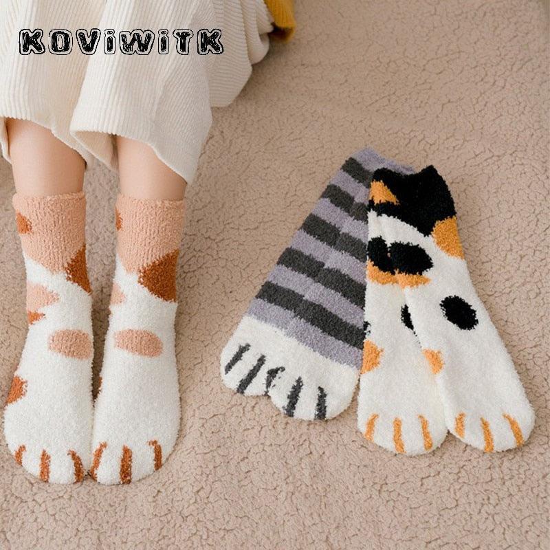 Fashion womens Cats Paw stripe 3d Socks Cute Funny Thick Girls Cartoon Animal Fingers Sock Hosiery Toe Zebra/Tiger/Cat Foot Sox - ItemBear.com