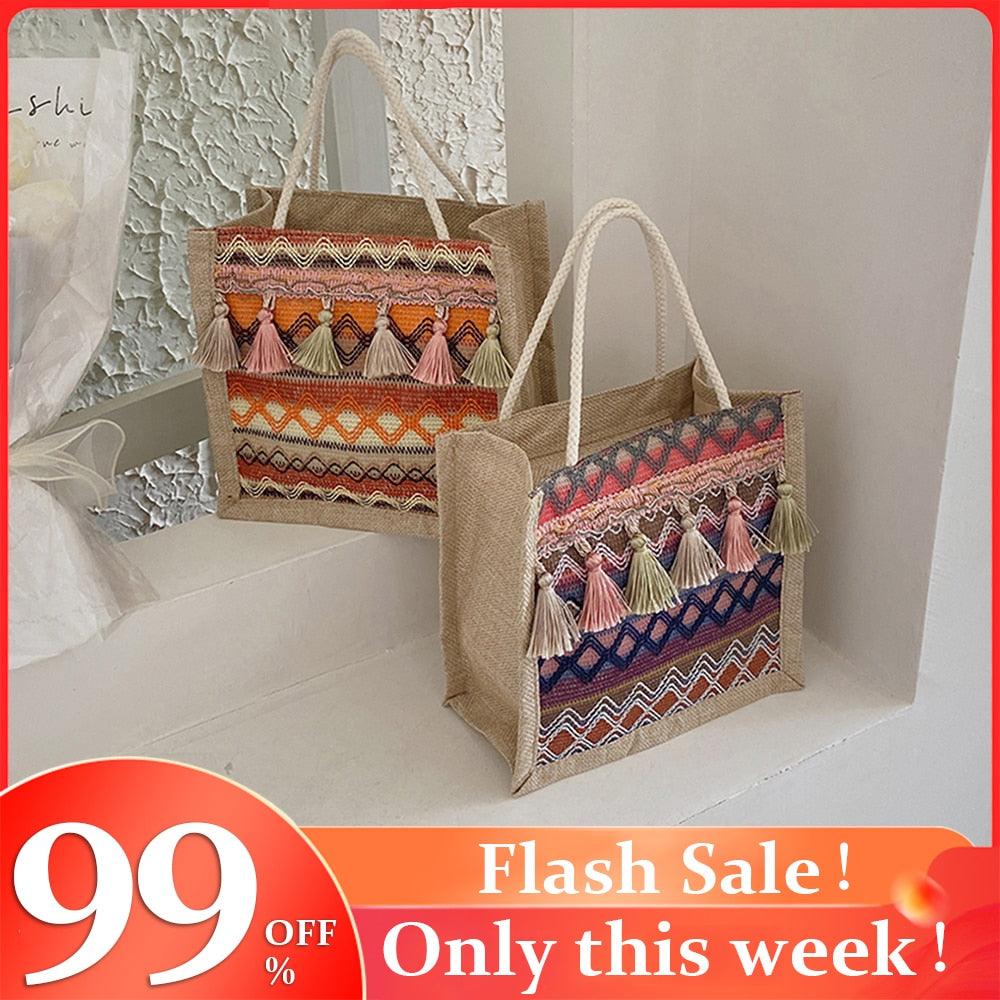 Female Retro Ethnic Shoulder Bag Women Exquisite Linen Tassels Tote Handbags Casual Leisure Travel Shopper Coin Purse Beach Bag - ItemBear.com