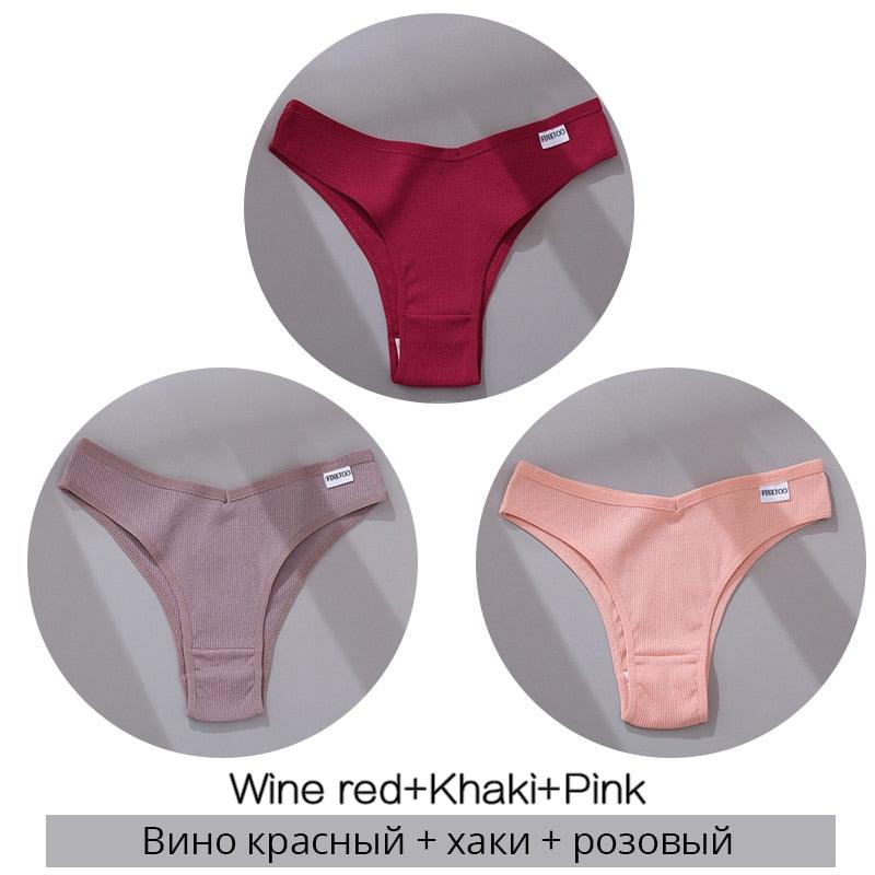 FINETOO Cotton Brazilian Panties Women Sexy V Waist G-String Underwear Female T-back Underpants M-XL Lady Bikini Panty 3Pcs/set - ItemBear.com