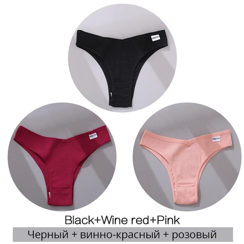 FINETOO Cotton Brazilian Panties Women Sexy V Waist G-String Underwear Female T-back Underpants M-XL Lady Bikini Panty 3Pcs/set - ItemBear.com