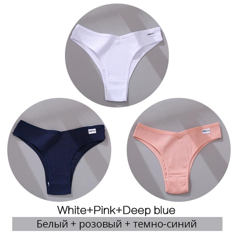 FINETOO Cotton Brazilian Panties Women Sexy V Waist G-String Underwear Female T-back Underpants M-XL Lady Bikini Panty 3Pcs/set - ItemBear.com