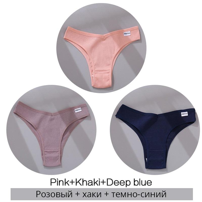 FINETOO Cotton Brazilian Panties Women Sexy V Waist G-String Underwear Female T-back Underpants M-XL Lady Bikini Panty 3Pcs/set - ItemBear.com