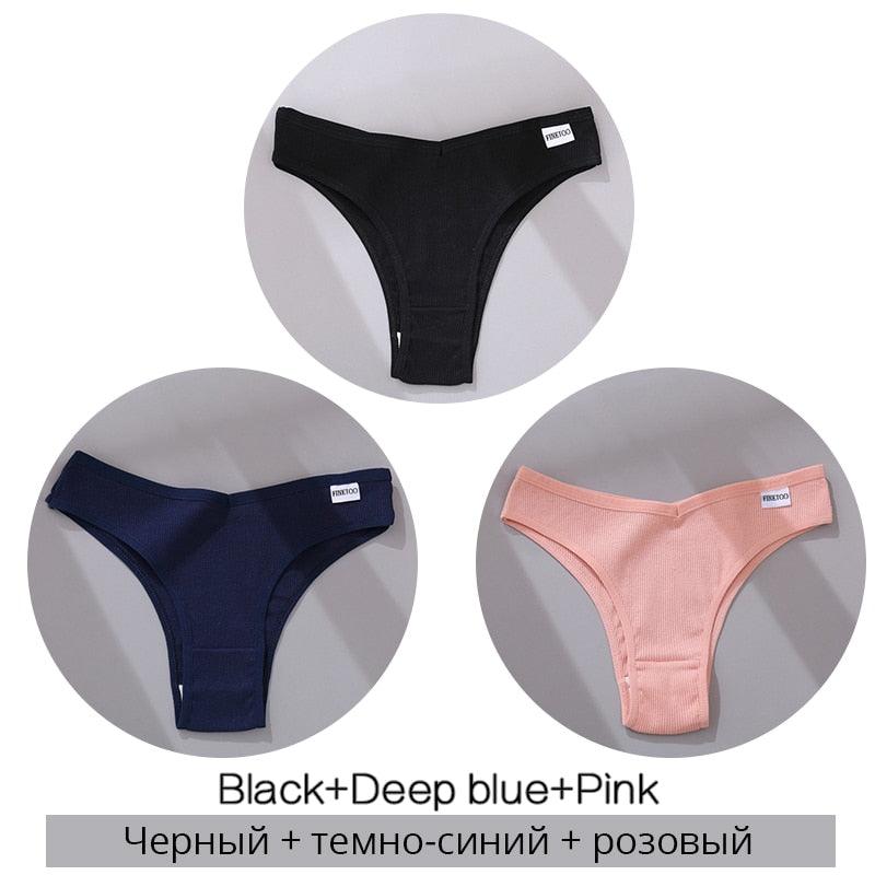 FINETOO Cotton Brazilian Panties Women Sexy V Waist G-String Underwear Female T-back Underpants M-XL Lady Bikini Panty 3Pcs/set - ItemBear.com