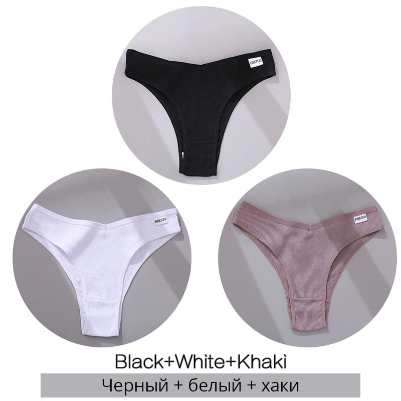 FINETOO Cotton Brazilian Panties Women Sexy V Waist G-String Underwear Female T-back Underpants M-XL Lady Bikini Panty 3Pcs/set - ItemBear.com