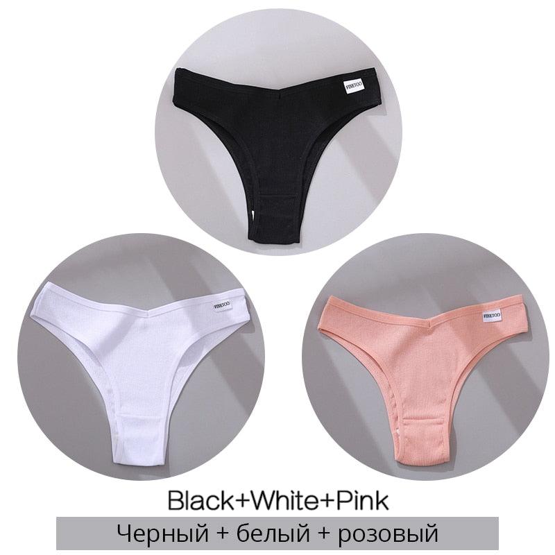 FINETOO Cotton Brazilian Panties Women Sexy V Waist G-String Underwear Female T-back Underpants M-XL Lady Bikini Panty 3Pcs/set - ItemBear.com