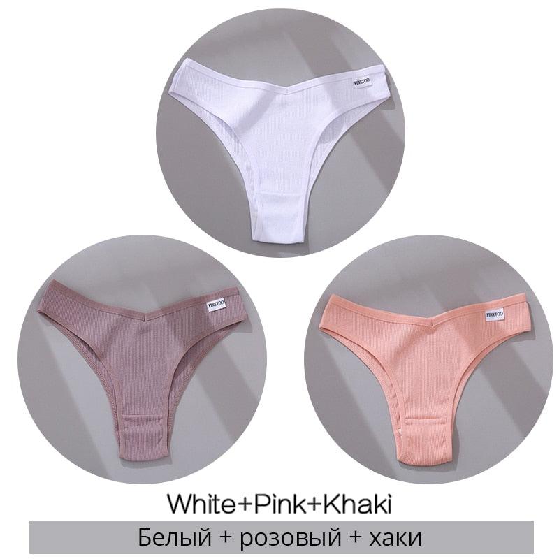 FINETOO Cotton Brazilian Panties Women Sexy V Waist G-String Underwear Female T-back Underpants M-XL Lady Bikini Panty 3Pcs/set - ItemBear.com