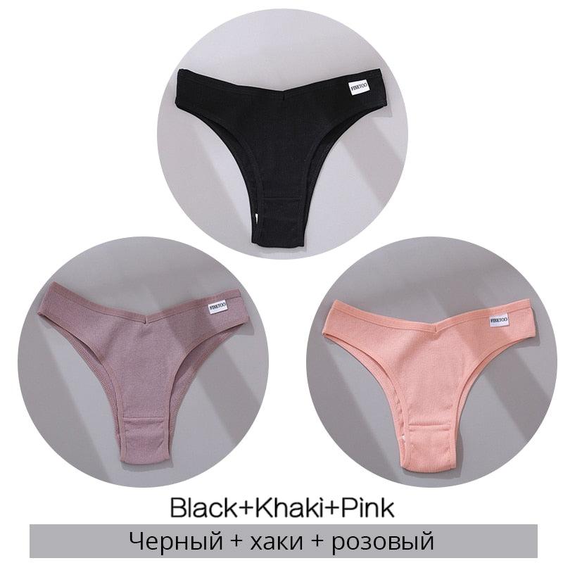 FINETOO Cotton Brazilian Panties Women Sexy V Waist G-String Underwear Female T-back Underpants M-XL Lady Bikini Panty 3Pcs/set - ItemBear.com