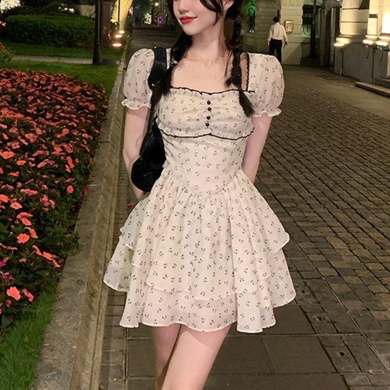 Floral White/Black Bow Decor Puff Sleeve Dress - ItemBear.com