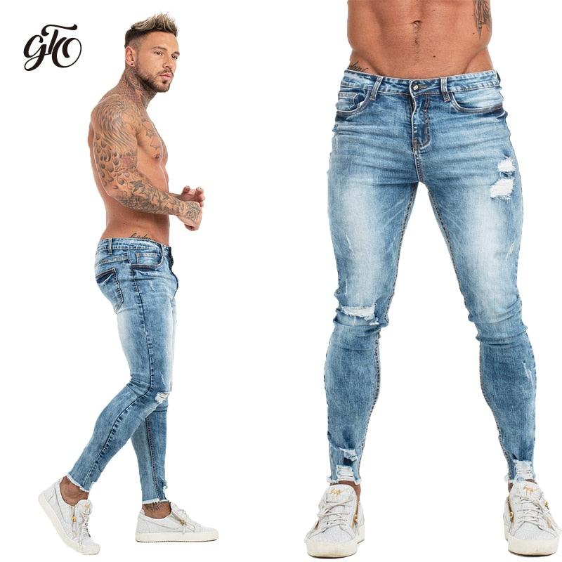 GINGTTO Jeans Men Elastic Waist Skinny Jeans Men 2020 Stretch Ripped Pants Streetwear Mens Denim Jeans Blue - ItemBear.com