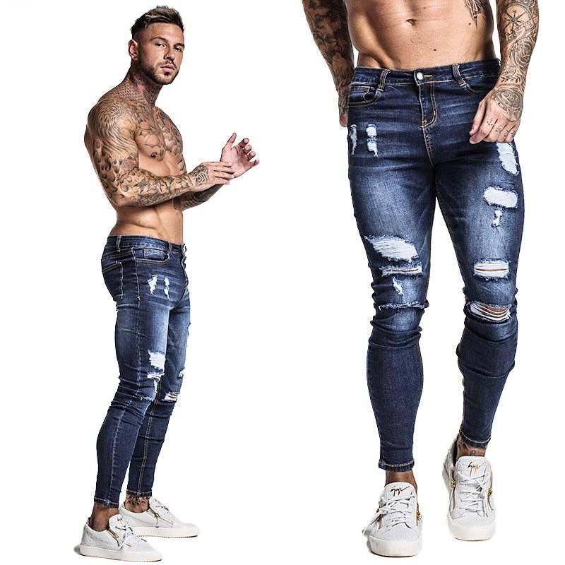 GINGTTO Jeans Men Elastic Waist Skinny Jeans Men 2020 Stretch Ripped Pants Streetwear Mens Denim Jeans Blue - ItemBear.com