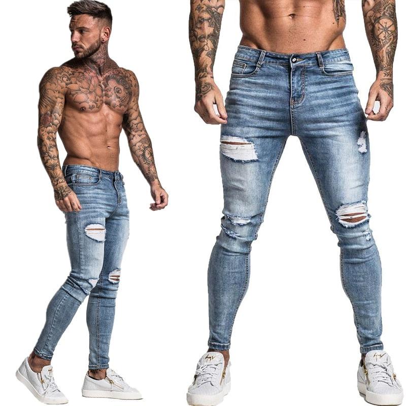 GINGTTO Jeans Men Elastic Waist Skinny Jeans Men 2020 Stretch Ripped Pants Streetwear Mens Denim Jeans Blue - ItemBear.com