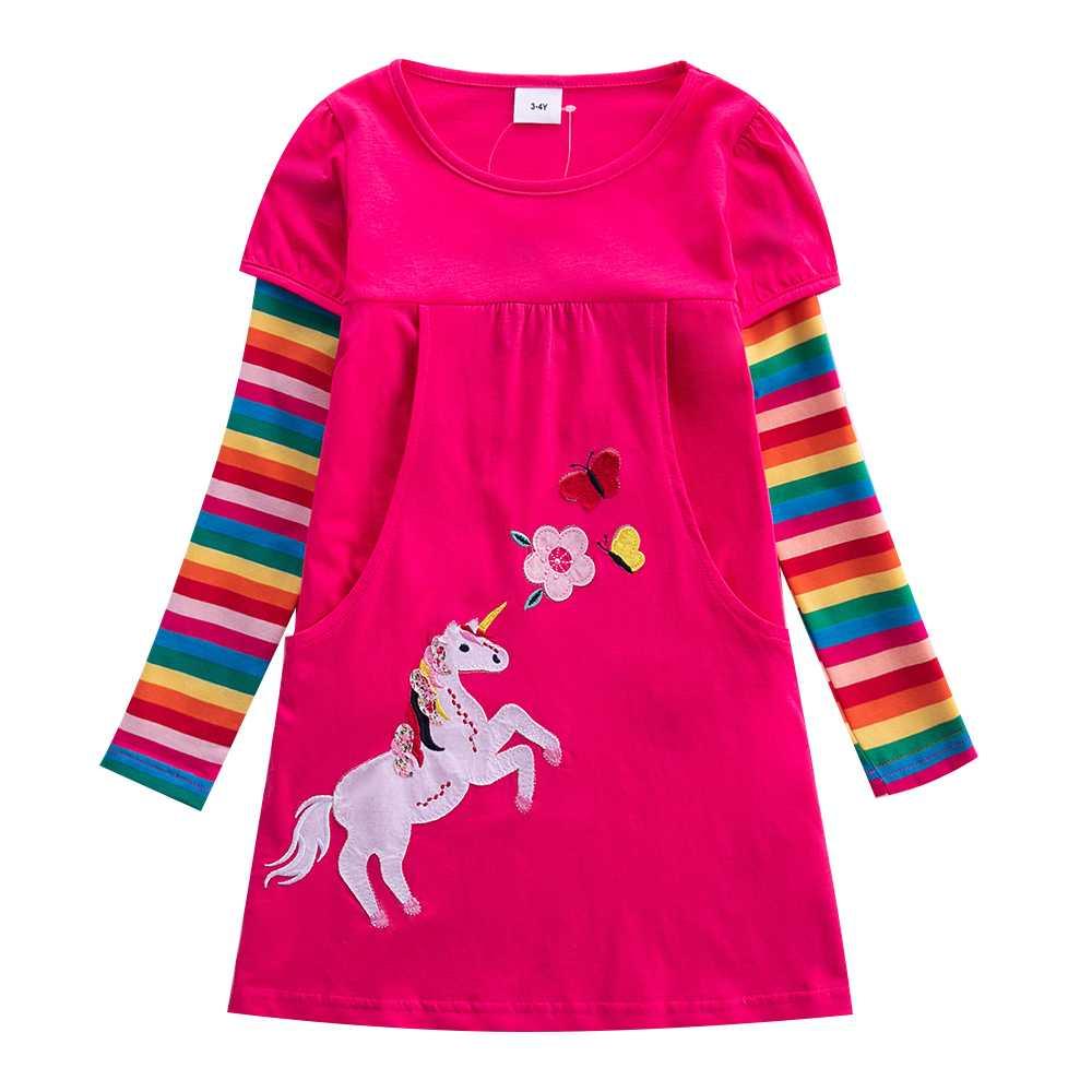 Girls Long Sleeve Star Embroidered Dress Girls Autumn New Style Two Pocket Rainbow Striped Sleeve Cotton Dress LH5809 - ItemBear.com