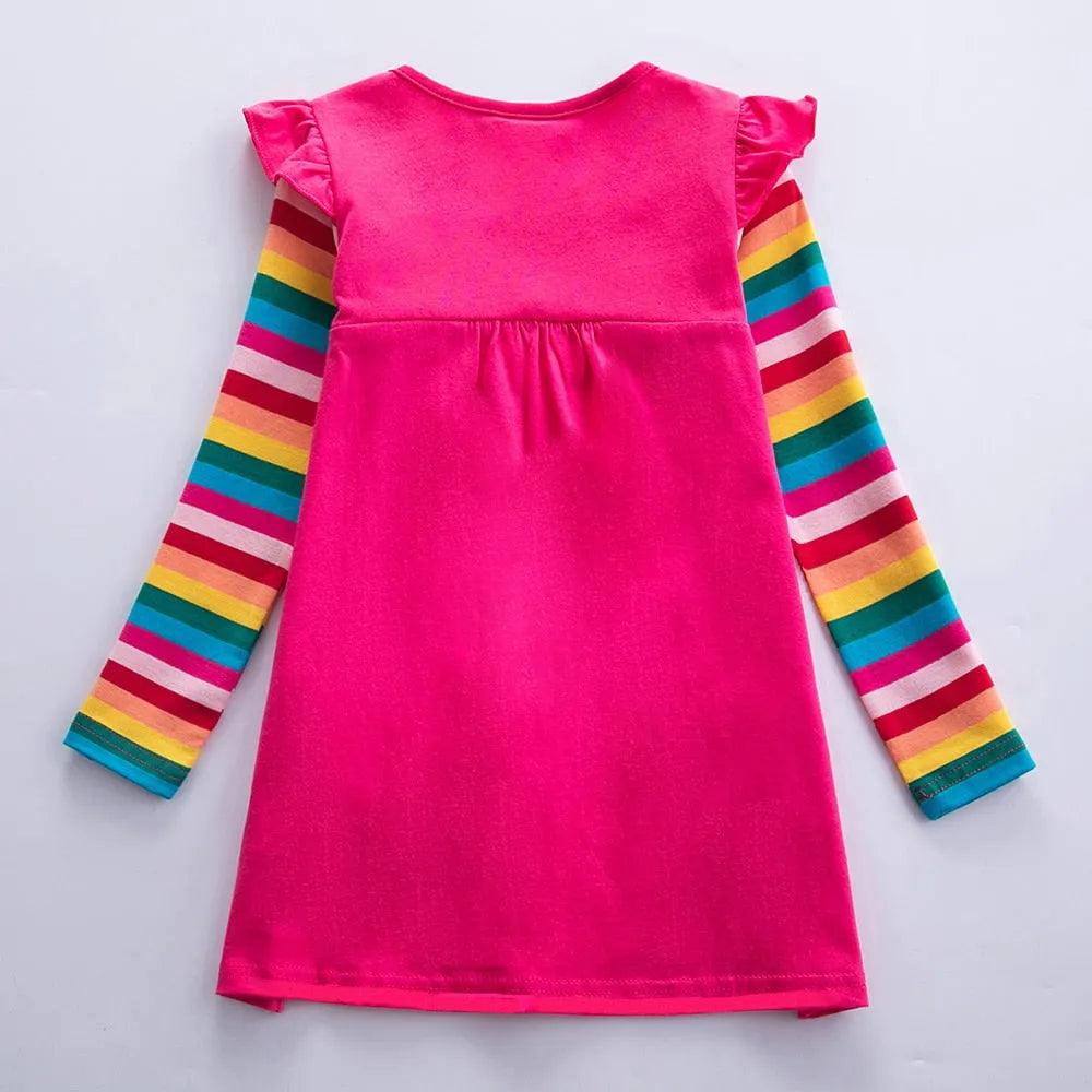 Girls Long Sleeve Star Embroidered Dress Girls Autumn New Style Two Pocket Rainbow Striped Sleeve Cotton Dress LH5809 - ItemBear.com