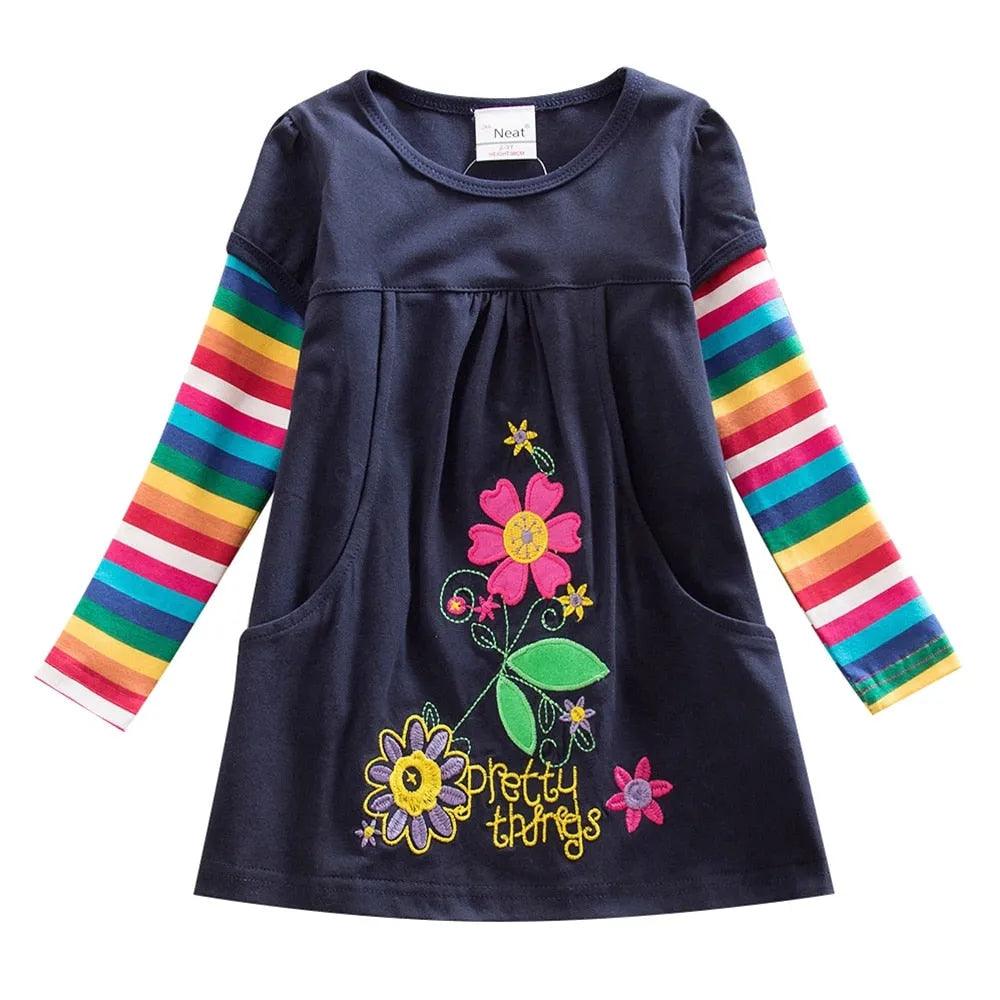 Girls Long Sleeve Star Embroidered Dress Girls Autumn New Style Two Pocket Rainbow Striped Sleeve Cotton Dress LH5809 - ItemBear.com