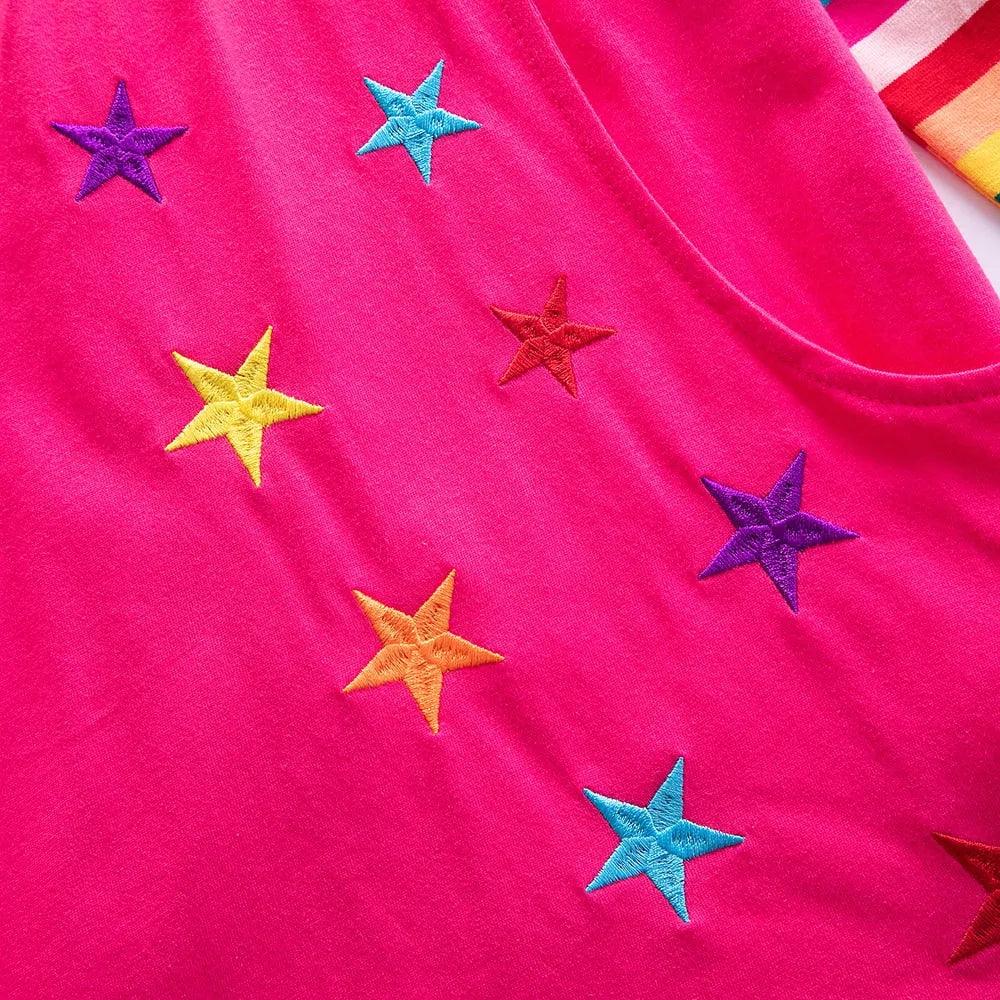 Girls Long Sleeve Star Embroidered Dress Girls Autumn New Style Two Pocket Rainbow Striped Sleeve Cotton Dress LH5809 - ItemBear.com