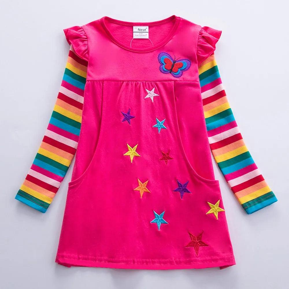 Girls Long Sleeve Star Embroidered Dress Girls Autumn New Style Two Pocket Rainbow Striped Sleeve Cotton Dress LH5809 - ItemBear.com