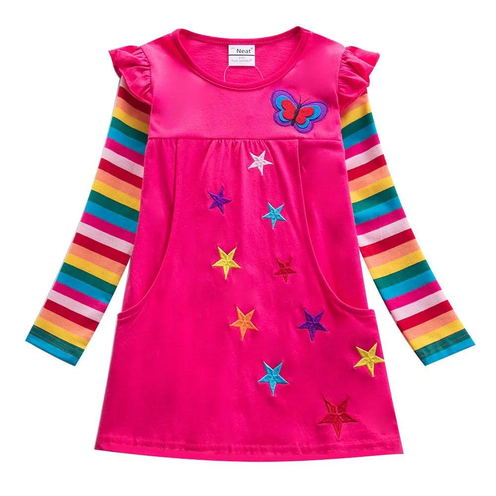 Girls Long Sleeve Star Embroidered Dress Girls Autumn New Style Two Pocket Rainbow Striped Sleeve Cotton Dress LH5809 - ItemBear.com