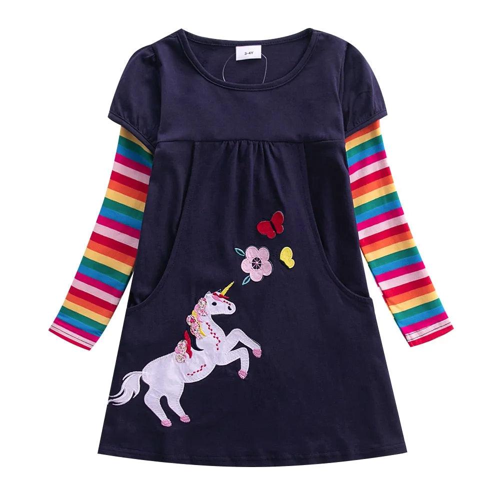 Girls Long Sleeve Star Embroidered Dress Girls Autumn New Style Two Pocket Rainbow Striped Sleeve Cotton Dress LH5809 - ItemBear.com