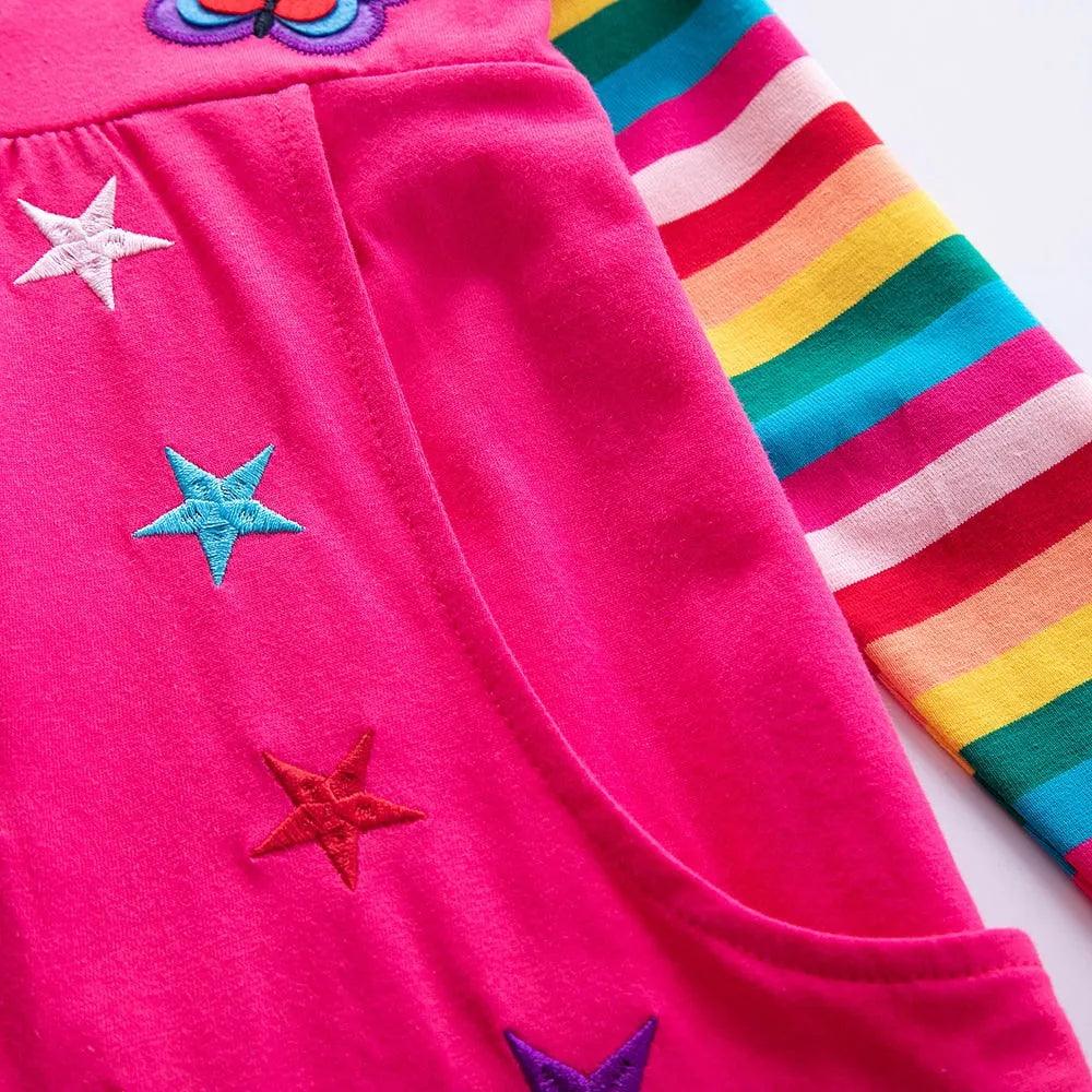 Girls Long Sleeve Star Embroidered Dress Girls Autumn New Style Two Pocket Rainbow Striped Sleeve Cotton Dress LH5809 - ItemBear.com