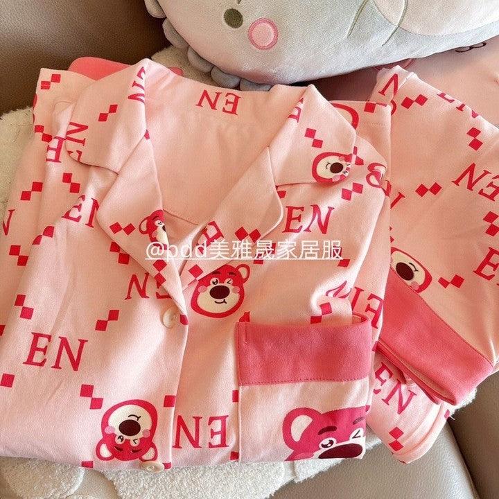 Girls' pajamas women's spring and autumn long-sleeved cartoon cute wind bear all-match student loose cardigan home service suit - ItemBear.com