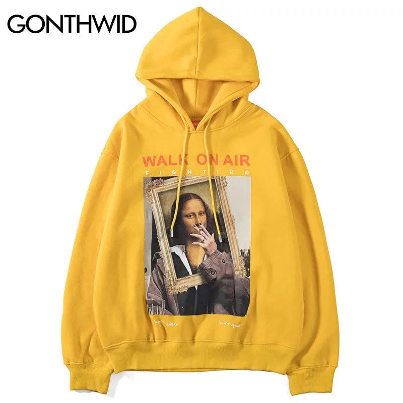 GONTHWID Funny Mona Lisa Smoking Print Fleece Hoodies Pullover Hooded Sweatshirts Harajuku Hip Hop Streetwear Hoodie Casual Tops - ItemBear.com