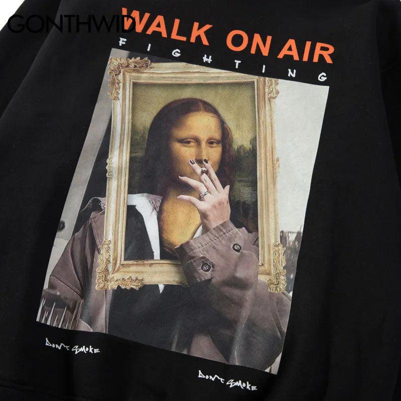 GONTHWID Funny Mona Lisa Smoking Print Fleece Hoodies Pullover Hooded Sweatshirts Harajuku Hip Hop Streetwear Hoodie Casual Tops - ItemBear.com