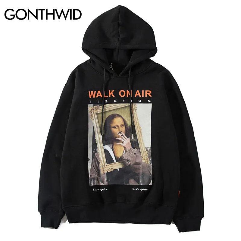 GONTHWID Funny Mona Lisa Smoking Print Fleece Hoodies Pullover Hooded Sweatshirts Harajuku Hip Hop Streetwear Hoodie Casual Tops - ItemBear.com