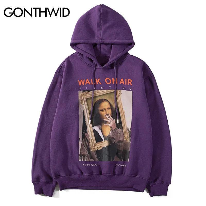 GONTHWID Funny Mona Lisa Smoking Print Fleece Hoodies Pullover Hooded Sweatshirts Harajuku Hip Hop Streetwear Hoodie Casual Tops - ItemBear.com