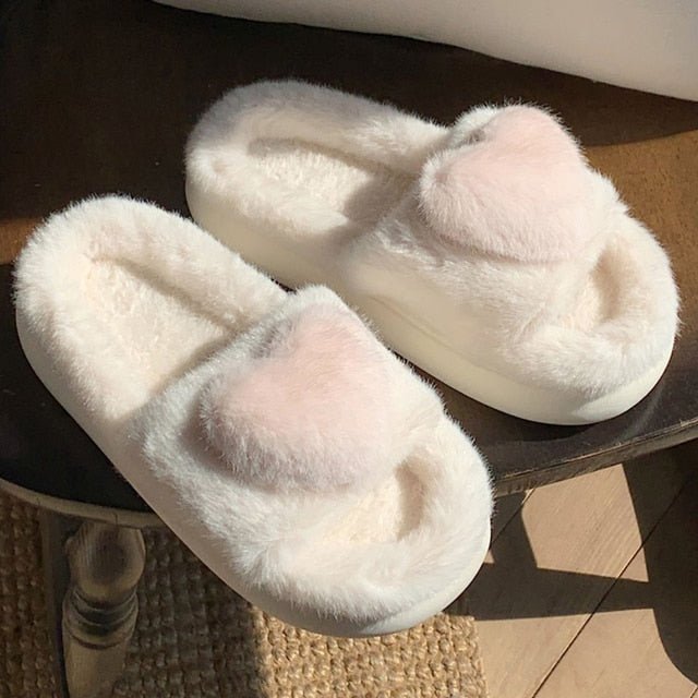 Heart Love Fluffy Fur Slippers - ItemBear.com