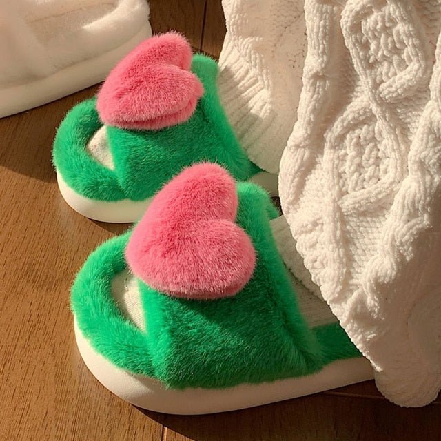 Heart Love Fluffy Fur Slippers - ItemBear.com